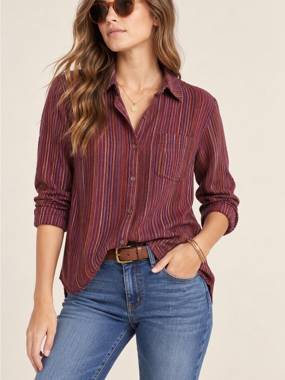 Anthropologie Burgundy Striped Button-Down Shirt